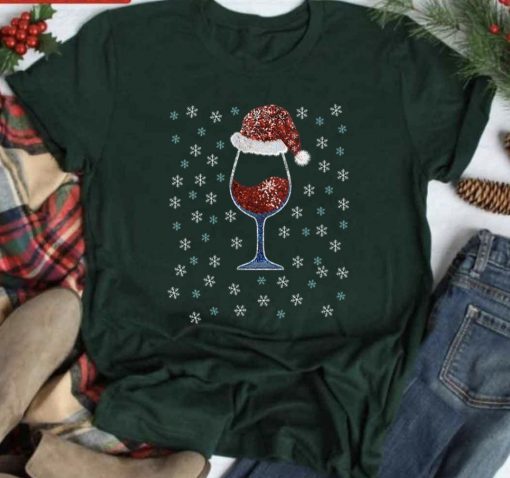 Wine With Christmas Hat Christmas Snowflakes Winter Tee Shirt