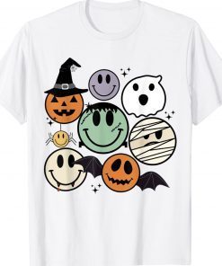 Spooky Witch Ghost Pumpkin Bat Funny Halloween Smile Face Tee Shirt
