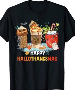 Happy Hallothanksmas Spice Latte Witch Santa Hat Pumpkin Tee Shirt