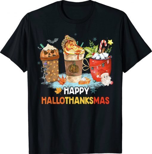 Happy Hallothanksmas Spice Latte Witch Santa Hat Pumpkin Tee Shirt