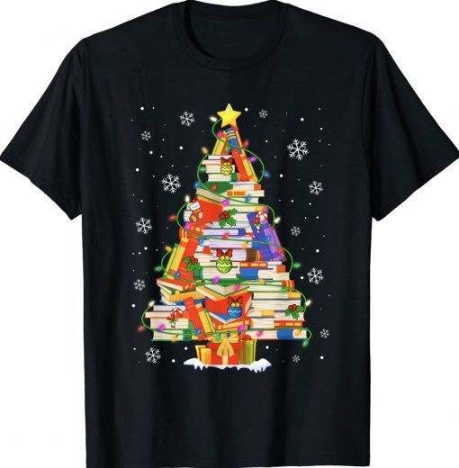 Funny Christmas Library Tree Librarian Xmas Book Lover Tee Shirt